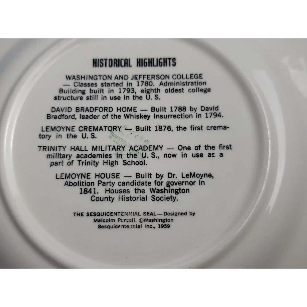 Washington Penna Sesquicentennial Souvenir Collector Plate Historical 1780-93